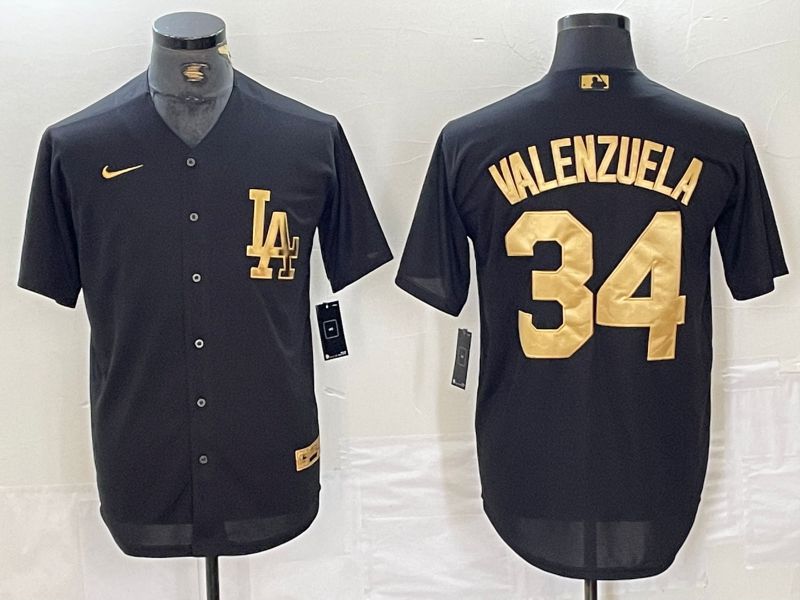 Men Los Angeles Dodgers 34 Valenzuela Black gold 4 th generation Nike 2024 MLB Jersey style 1